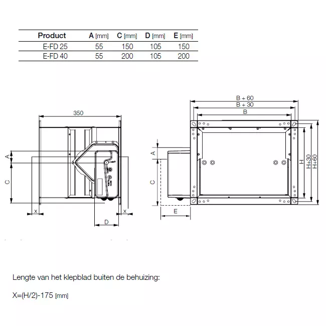 Fire damper rectangular manual operation - E-FD25 100x550 R