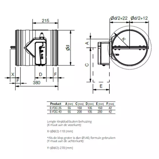Fire damper round 100 mm end socket - E-FDC25 D100RS