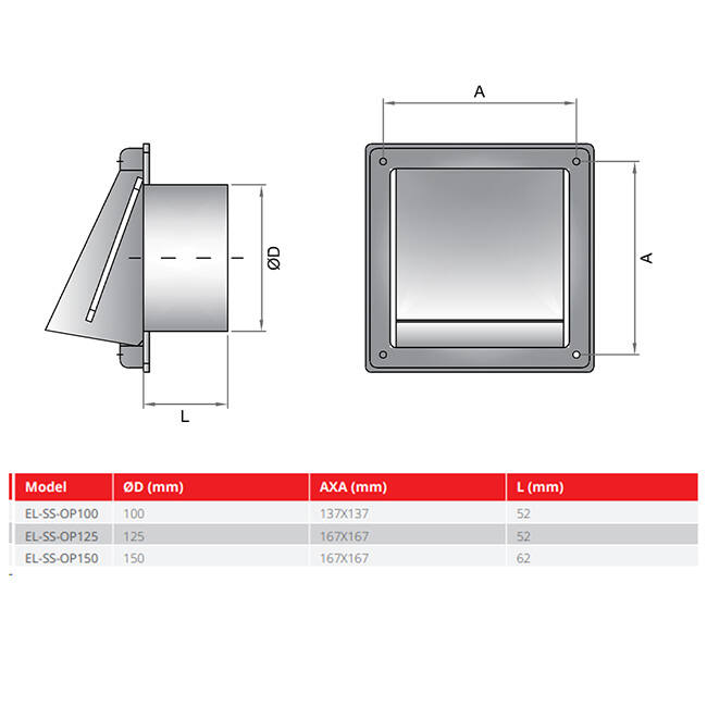 Stainless steel front grille 100mm with high inlet non-return damper - EL-SS-BD100 SS