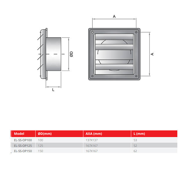 Stainless steel front grille 150mm with movable vanes high exhaust - EL-SS-OP150 SS