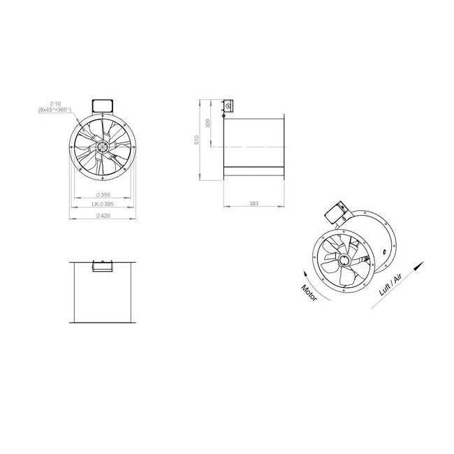 Axial 355 mm duct fan flue F300- AL 355 D2 F3 01 CFG
