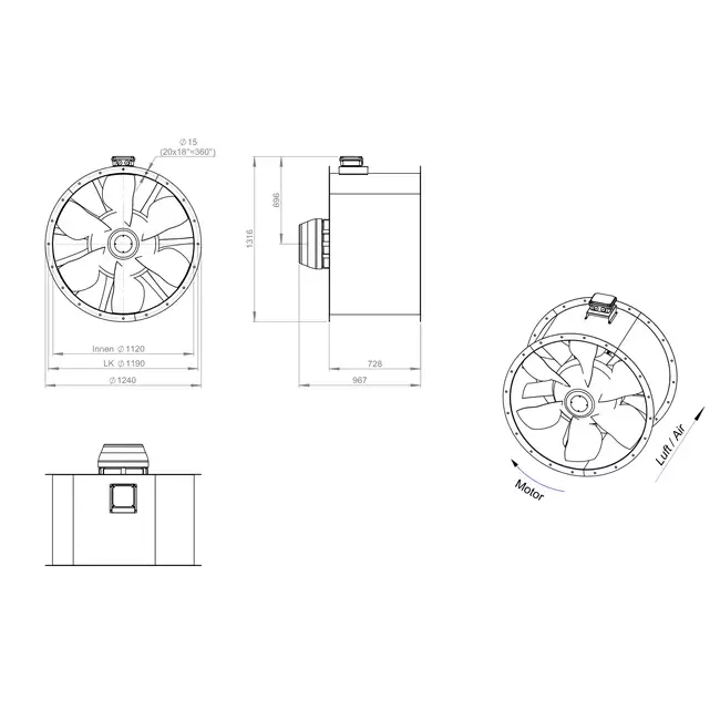 Axial 1120 mm duct fan flue F300- AL 1120 D6 F3 03 CFG