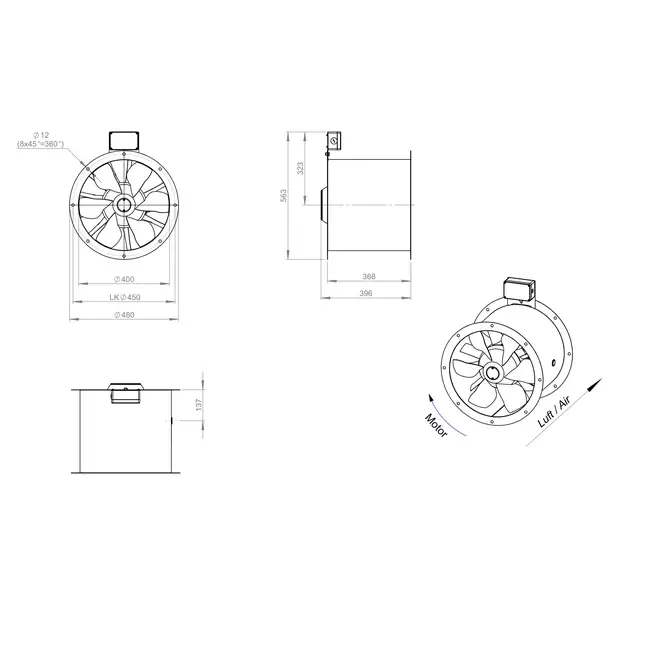 Axial 400 mm duct fan flue F300- AL 400 D2 F3 01 CFG