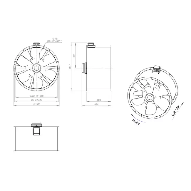 Axial 1250 mm duct fan flue F300- AL 1250 D6 F3 01 CFG