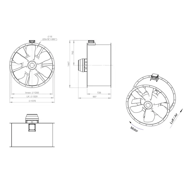 Axial 1250 mm duct fan flue F300- AL 1250 D6 F3 02 CFG