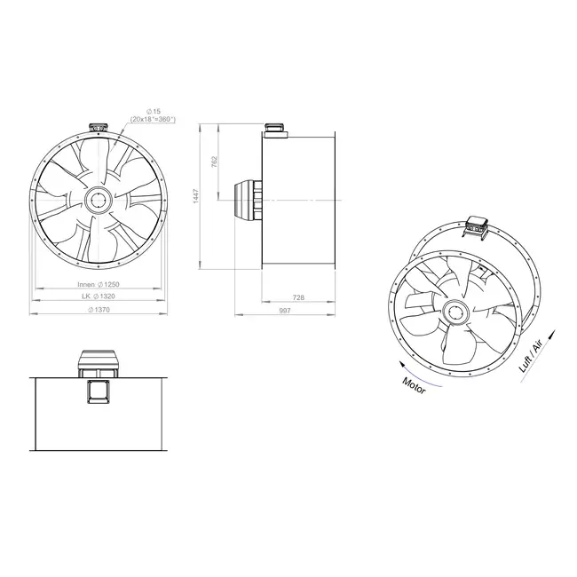 Axial 1250 mm duct fan flue F300- AL 1250 D6 F3 03 CFG