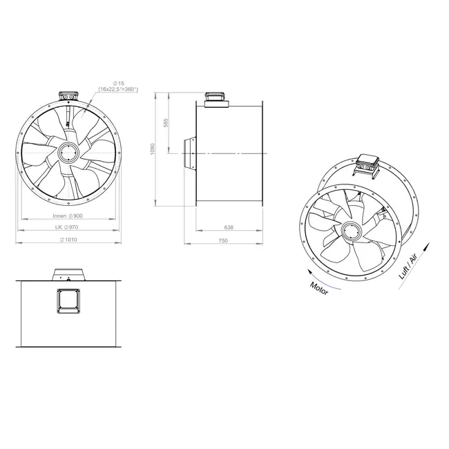 Axial 900 mm duct fan flue F300- AL 900 D4 F3 03 CFG