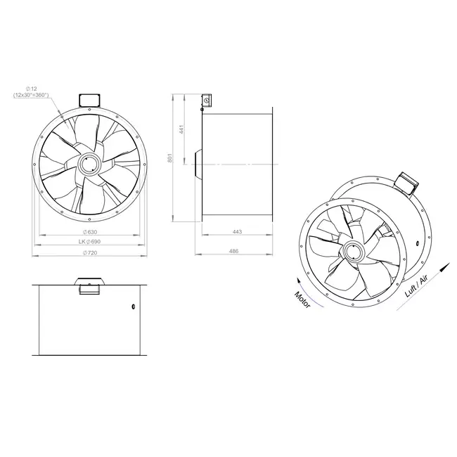 Axial 630 mm duct fan flue F300- AL 630 D6 F3 01 CFG