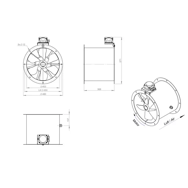 Axial 400 mm duct fan - AL 400 D42U 02 CFG