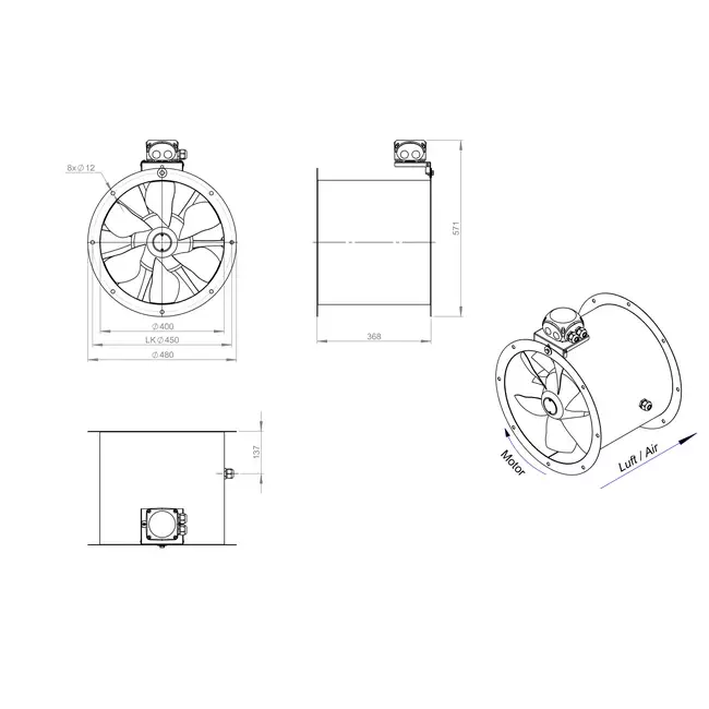 Axial 400 mm duct fan - AL 400 D4 01 CFG