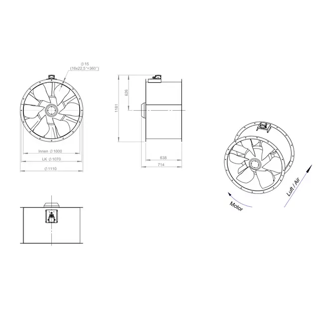 Axial 1000 mm duct fan - AL 1000 D6 02 CFG