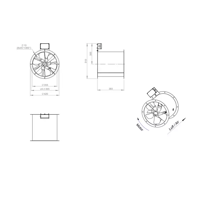 Axial 355 mm duct fan flue F400 - AL 355 D42U F4 02 CFG