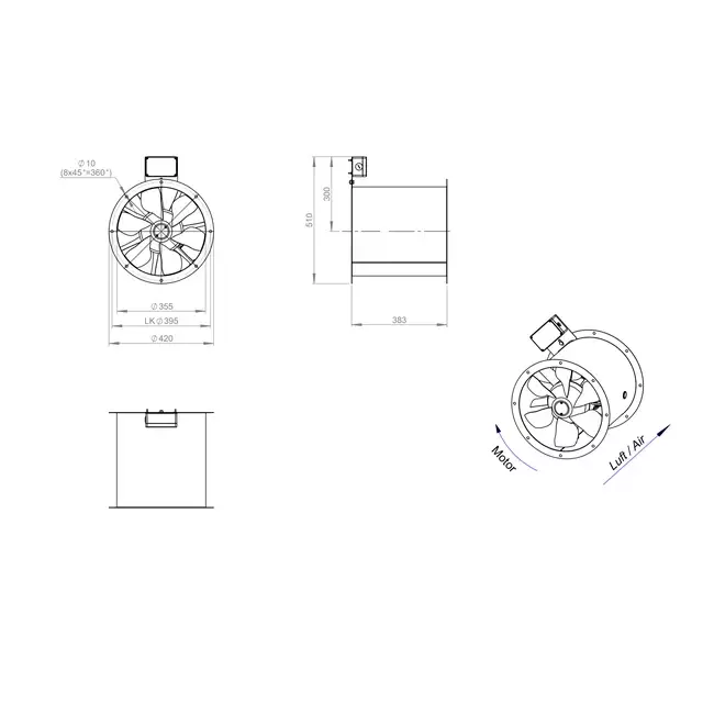 Axial 355 mm duct fan flue F400 - AL 355 D42U F4 01 CFG