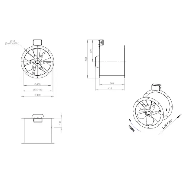 Axial 400 mm duct fan flue F300- AL 400 D42U F3 01 CFG