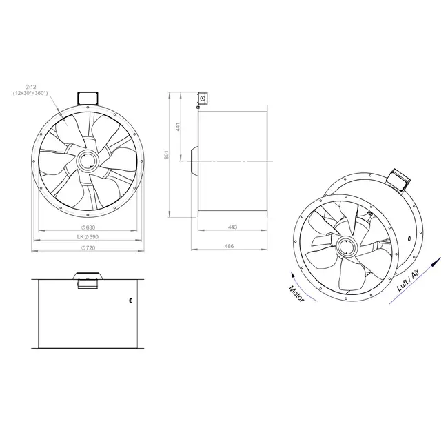 Axial 630 mm duct fan flue F400 - AL 630 D4 F4 03 CFG