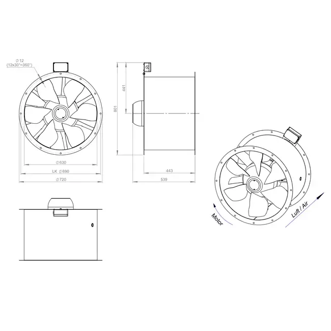 Axial 630 mm duct fan flue F400 - AL 630 D84U F4 01 CFG