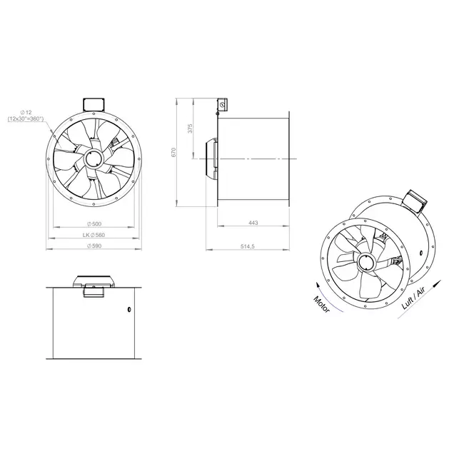 Axial 500 mm duct fan flue F400 - AL 500 D42U F4 01 CFG