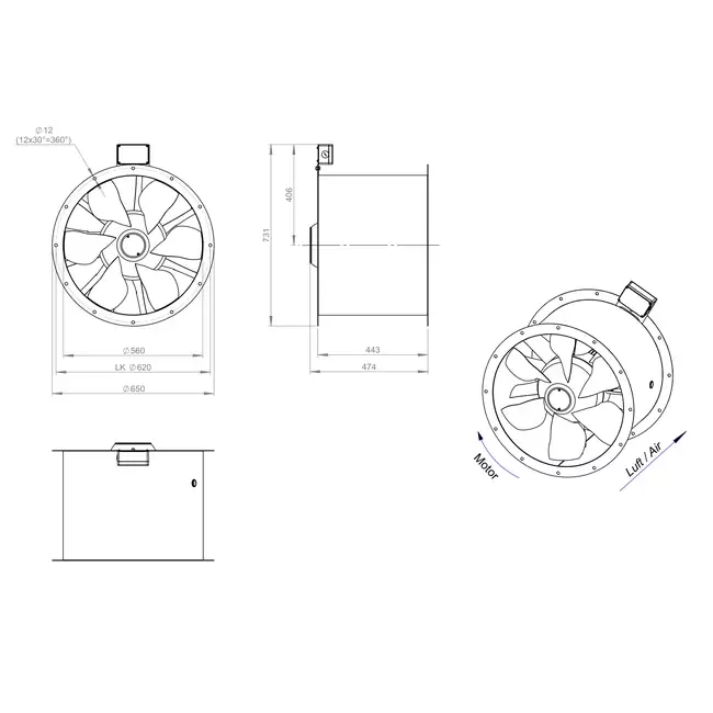 Axial 560 mm duct fan flue F400 - AL 560 D4 F4 02 CFG