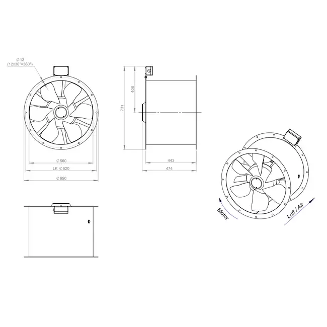 Axial 560 mm duct fan flue F400 - AL 560 D84U F4 01 CFG
