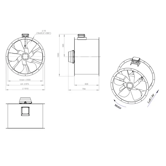 Axial 900 mm duct fan flue F400 - AL 900 D4 F4 04 CFG
