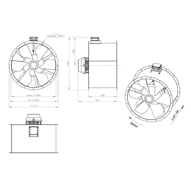 Axial 1000 mm duct fan flue F400 - AL 1000 D4 F4 04 CFG