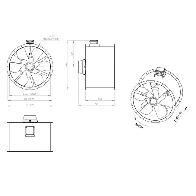 Axial 900 mm duct fan flue F300- AL 900 D6 F3 03 CFG