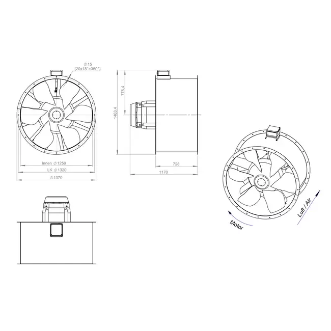 Axial 1250 mm duct fan flue F300- AL 1250 D6 F3 05 CFG