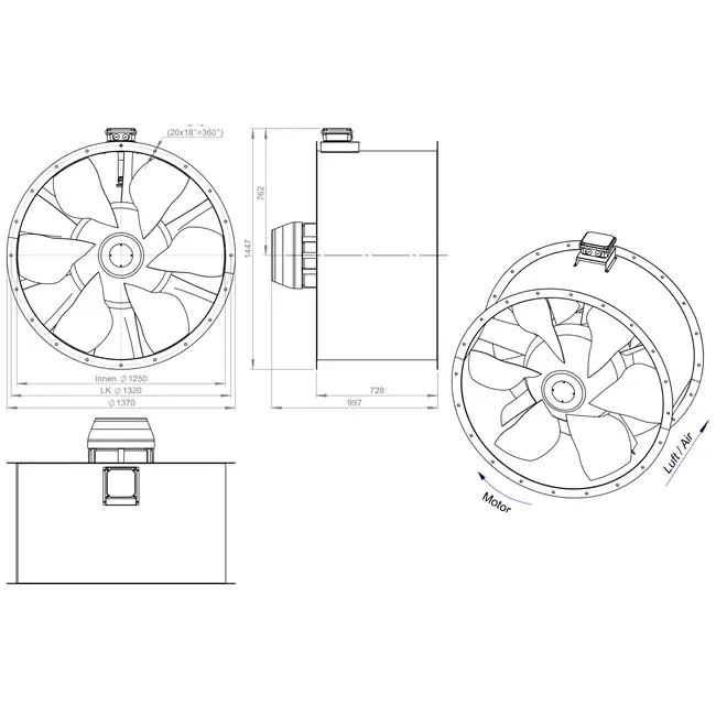 Axial 1250 mm duct fan flue gas F400 - AL 1250 D6 F4 02 CFG