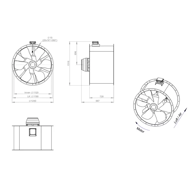 Axial 1120 mm duct fan flue F300- AL 1120 D6 F3 05 CFG