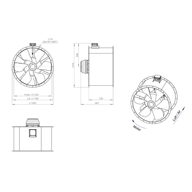 Axial 1120 mm duct fan flue F400 - AL 1120 D6 F4 03 CFG