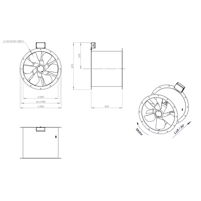 Axial 500 mm duct fan flue F400 - AL 500 D4 F4 01 CFG