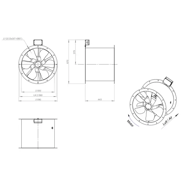 Axial 500 mm duct fan flue F400 - AL 500 D4 F4 02 CFG