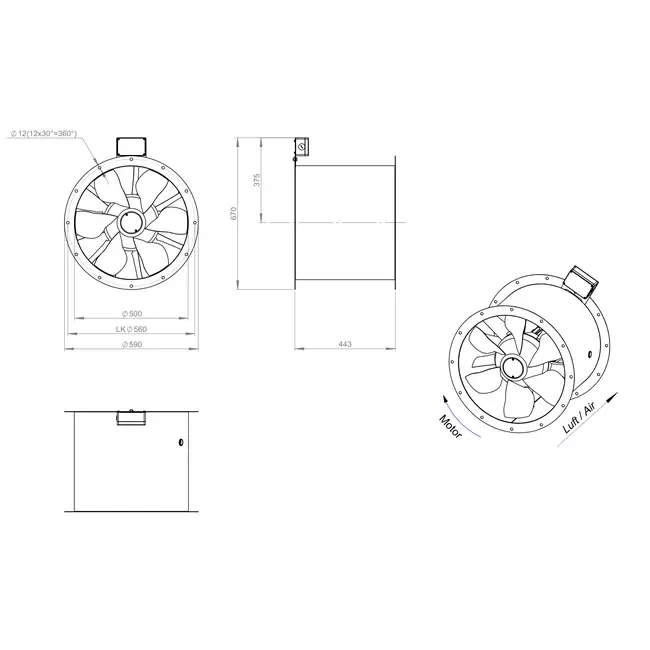 Axial 500 mm duct fan flue F300- AL 500 D4 F3 02 CFG