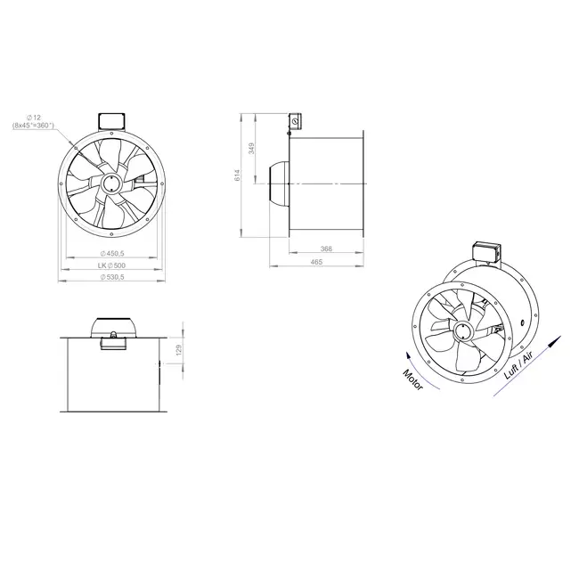 Axial 450 mm duct fan flue F300- AL 450 D42U F3 01 CFG