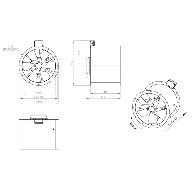 Axial 500 mm duct fan flue F300- AL 500 D42U F3 01 CFG