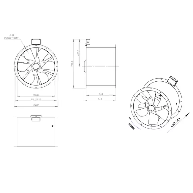 Axial 560 mm duct fan flue F300- AL 560 D84U F3 01 CFG