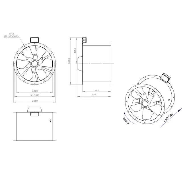Axial 560 mm duct fan flue F300- AL 560 D84U F3 02 CFG