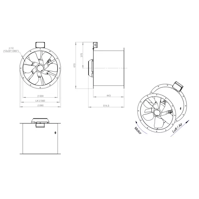 Axial 500 mm duct fan flue F400 - AL 500 D2 F4 03 CFG