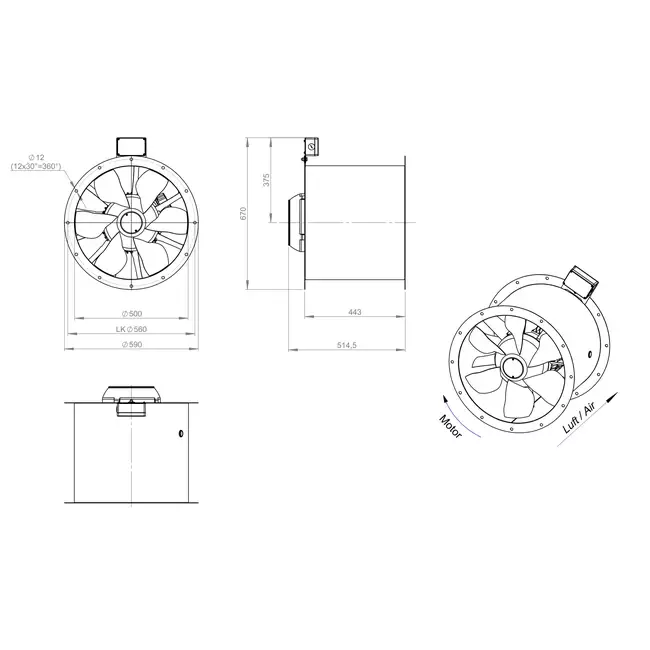 Axial 500 mm duct fan flue F300- AL 500 D2 F3 03 CFG