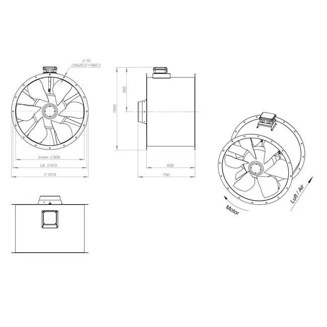 Axial 900 mm duct fan flue F400 - AL 900 D84U F4 02 CFG