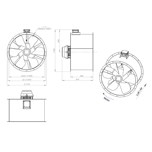 Axial 1000 mm duct fan flue F400 - AL 1000 D84U F4 03 CFG