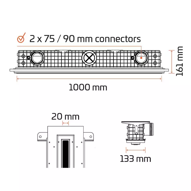 Ergovent plasterable frameless linear grille 1000 mm with 75 mm connection diameter - standard
