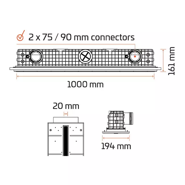 Ergovent plasterable frameless linear grille 1000 mm with 75 mm connection diameter – profile