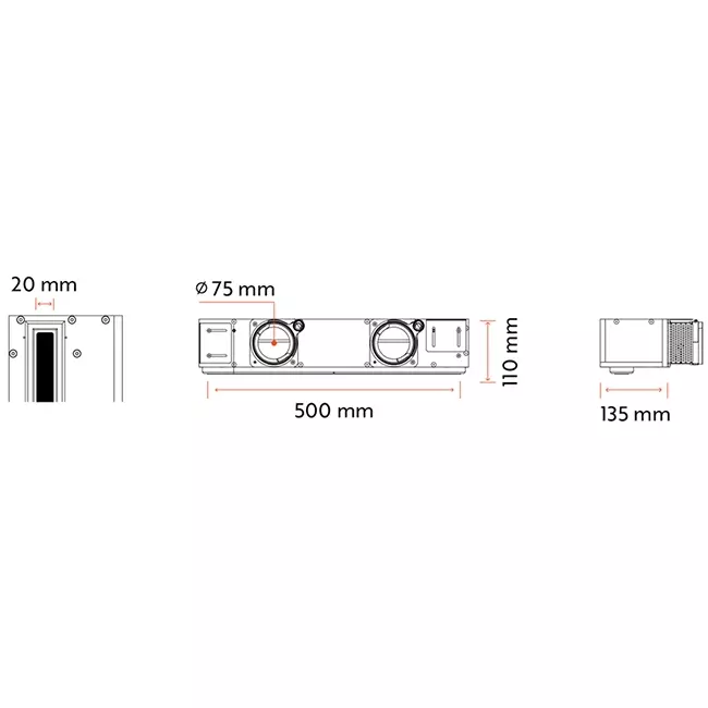 Ergovent drop-in frameless louvre 500 mm with connection diameter 75 mm - standard
