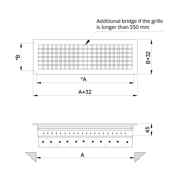 Wall grille aluminum double adjustable - with friction springs - 800x150 mm - RAL 9016
