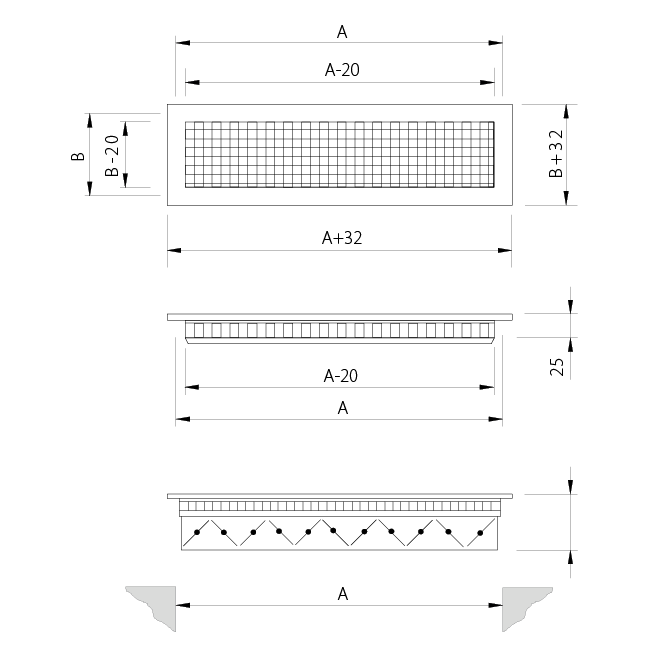 Wall grille aluminum with fixed grid - with friction springs - 600x300 mm - RAL 9010