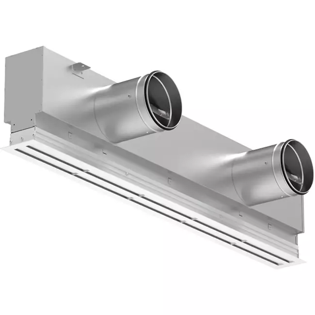 Aluminum line grille with 1 adjustable perforated panel – 1500 mm – RAL 9016 + insulated plenum with airflow control damper