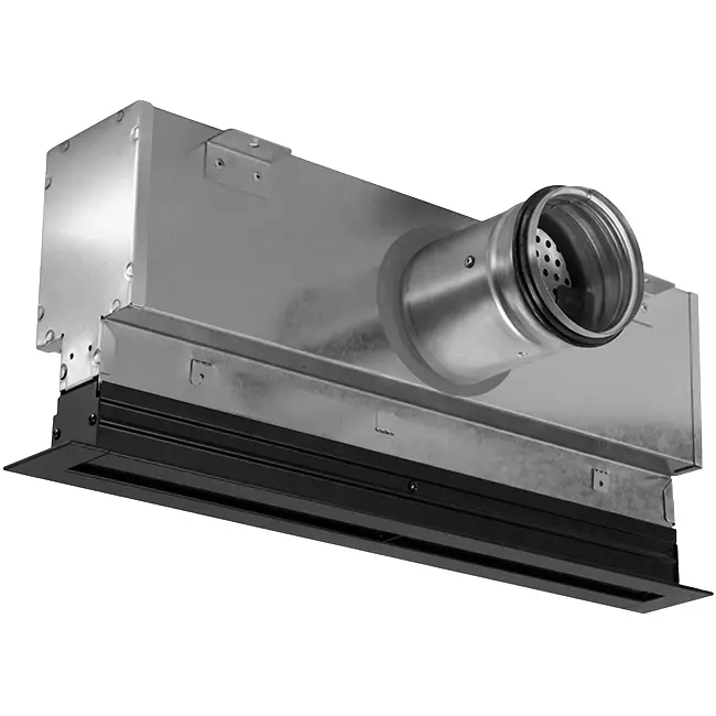 Aluminum line grille with 3 adjustable perforated panels – 1000 mm – RAL 9005 + insulated plenum with airflow control damper