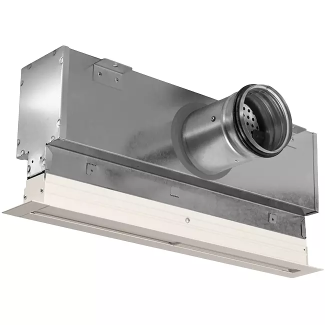 Aluminum line grille with 1 adjustable perforated panel – 1000 mm – RAL 9010 + insulated plenum with airflow control damper