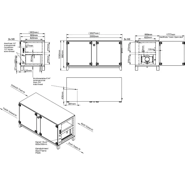 Maxivent WTW Air Handling Units with Counterflow Heat Exchanger, 2000 m³/h, Horizontal-Horizontal, Right-Handed - PHE 2000 H OOJR